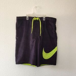 Nike Men's Black and Neon Green  Swim Shorts With Pockets Size Large